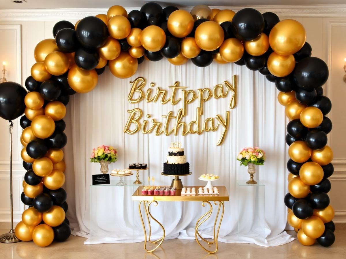 Black and gold birthday celebration setup
