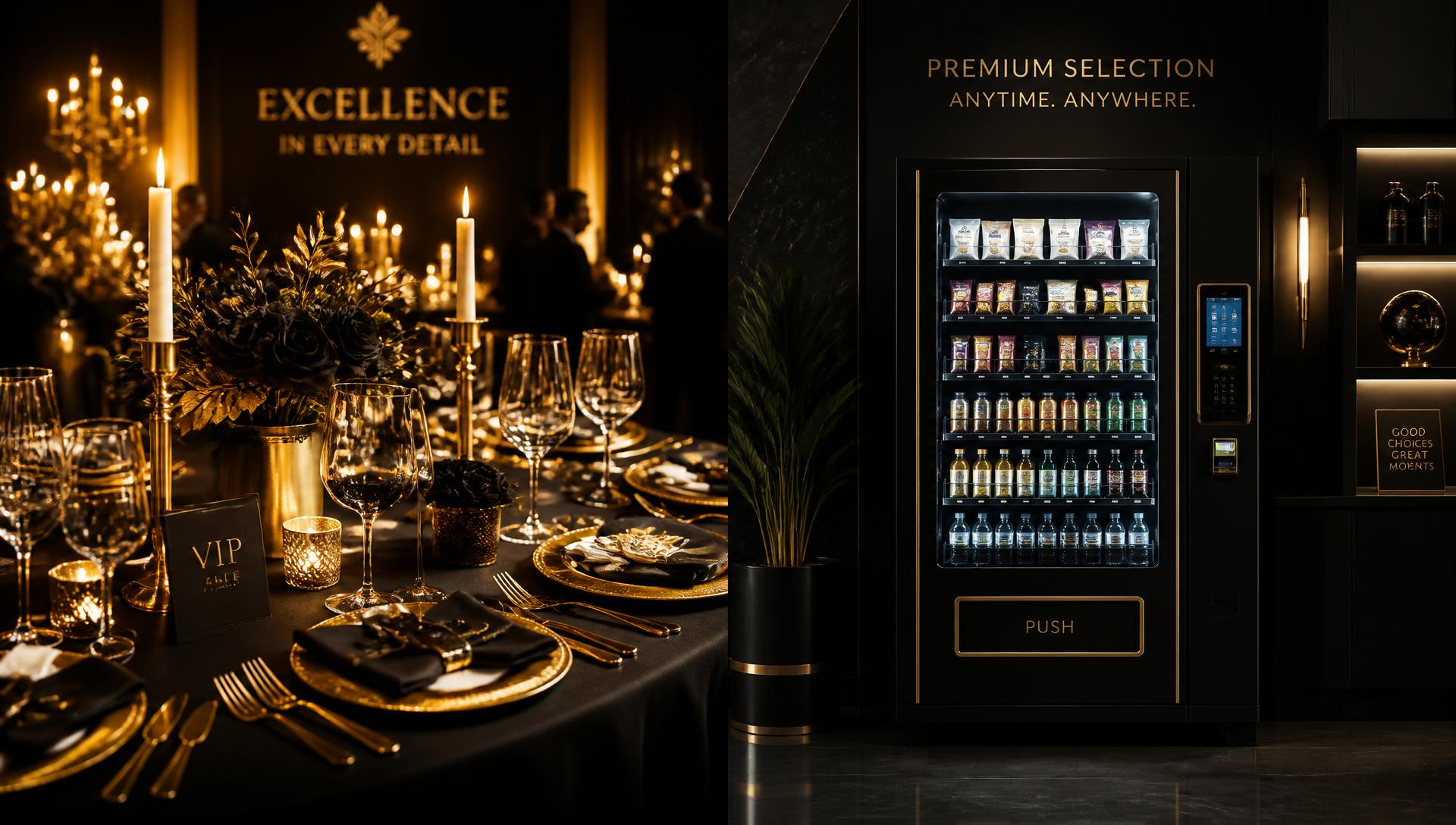 Elegant event table setting alongside a premium vending installation